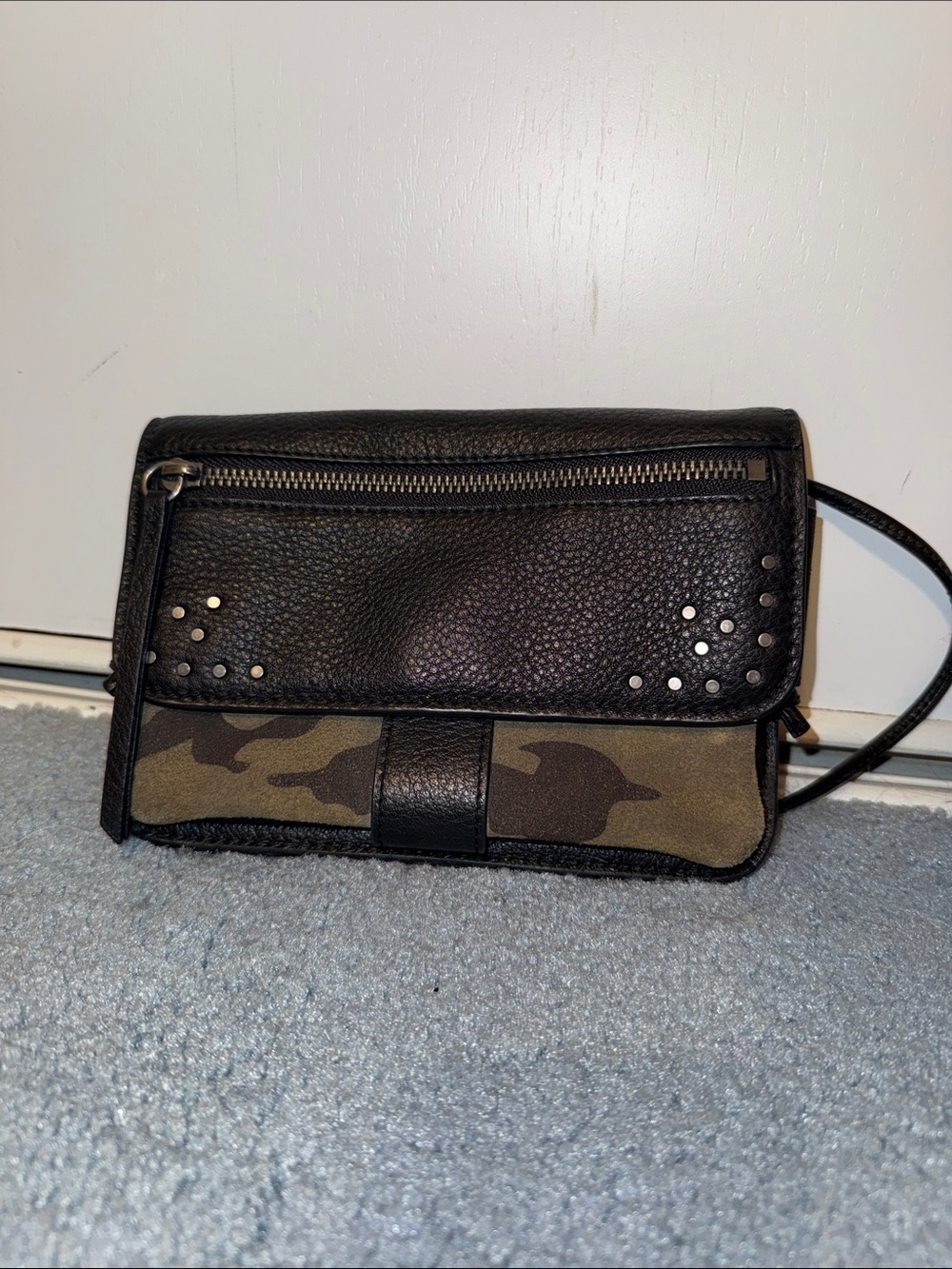 Lucky Brand Black Leather & Olive Camo Crossbody